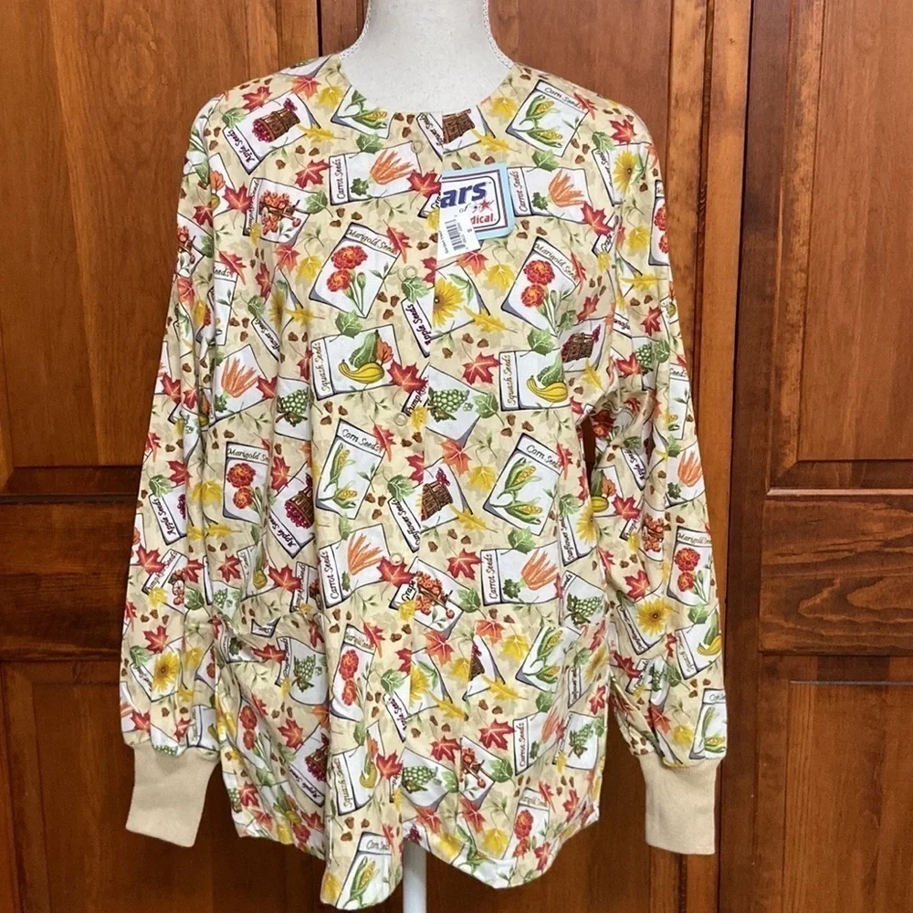 Stars of Best Medical Print (Garden Fresh) Tan Warm Up Jacket W/Knit Cuffs NWT